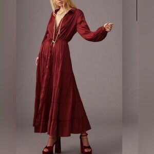 Anthropologie Fairycore Burgundy Tiered Maxi Dress Button Front Long Sleeve XL